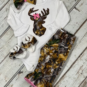 Baby Girl Monogrammed Antler Camo Deerhead Bodysuit Baby Girl Camouflage hairbow Baby Hunting Outfit Deer Camo Outfit