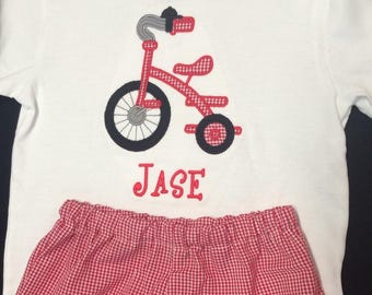 Baby Boy Tricycle Applique Shirt and Gingham Shorts Set