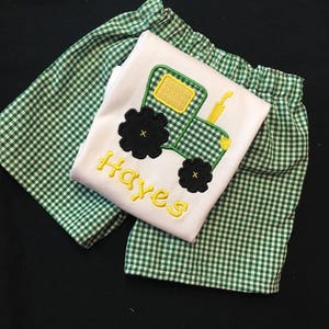 Baby Boy Appliqued Tractor Shirt and Shorts Set Toddler Boy Short Set gingham Shorts Tractor Applique image 1