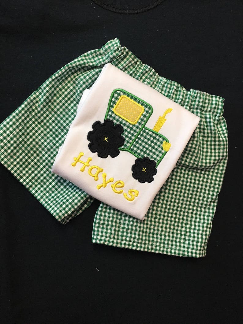 Baby Boy Appliqued Tractor Shirt and Shorts Set Toddler Boy Short Set gingham Shorts Tractor Applique image 1