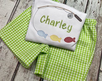 Toddler Boy Fishing Outfit: Gingham Shorts Set, Personalized Fishing Pole Shirt
