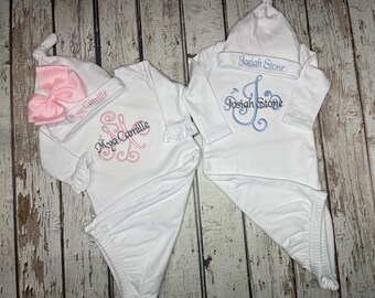 Monogrammed Newborn Gown & Hat Set: Ruffle Sleeve Coming Home Outfit