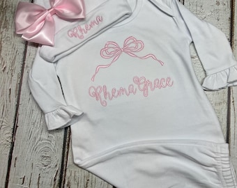 Monogrammed Newborn Gown and Hat Set: Embroidered Bow, Ruffle Sleeves