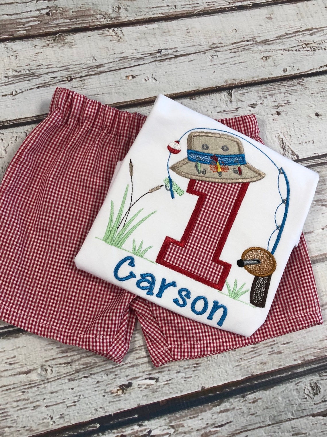 Baby Boy Fishing Hat Birthday Shirt Matching Red Gingham Etsy