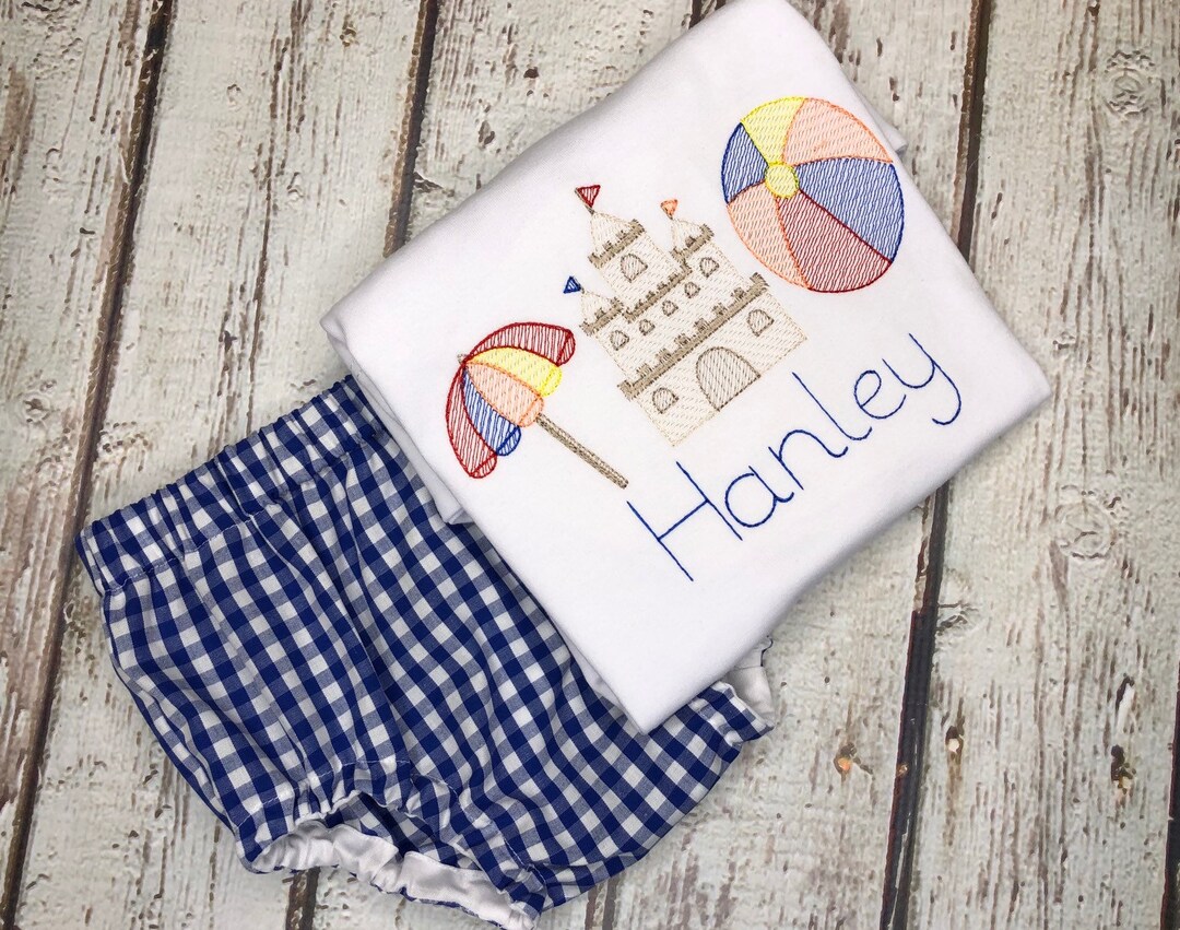 Baby Boy Beach Shirt Matching Gingham Shorts Personalized Sandcastle