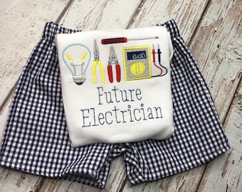 Baby Boy Clothes Future Electrician Applique Shirt and Shorts Set Toddler Boy Electrician Short Set gingham Shorts Electrical Applique Shirt