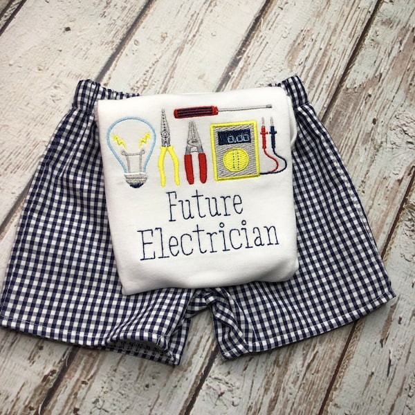 Baby Boy Clothes Future Electrician Applique Shirt and Shorts Set Toddler Boy Electrician Short Set gingham Shorts Electrical Applique Shirt