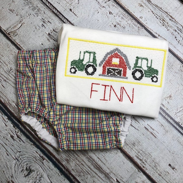 Baby Boy Farm Tractor Bodysuit Baby Boy Faux Smocked Barn Outfit Matching Multi Color Gingham Diaper Cover Gingham Shorts Gingham Pants