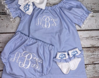 Baby Girls Monogrammed  Peasant Dress with monogrammed Bloomers, Socks and Matching Fabric Headband/Hairbow  4 piece baby girl gift set