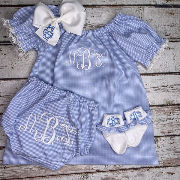 Baby Girls Monogrammed  Peasant Dress with monogrammed Bloomers, Socks and Matching Fabric Headband/Hairbow  4 piece baby girl gift set
