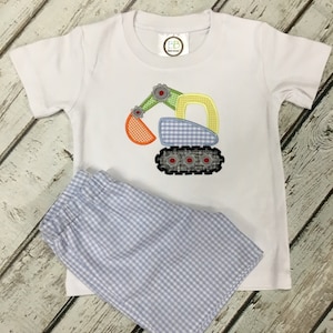 Baby Boy Appliqued Excavator Shirt and Shorts Set Toddler Boy Short Set gingham Shorts Digger Applique Construction Shirt