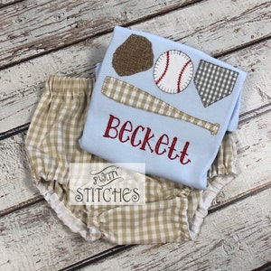 Baby Boy Baseball Outfit: Appliqued Shirt & Gingham Diaper Cover