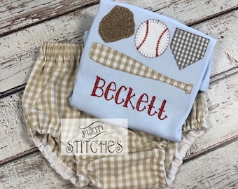 Baby Boy Baseball Tshirt Baby Boy Bat Baseball Home Plate Outfit Matching Khaki Gingham Diaper Cover Tan Gingham Shorts Khaki Gingham Pants