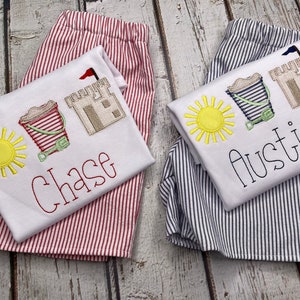 Boy Monogrammed Beach Shirt with Matching Shorts Boy Summer Outfit Appliquéd Sand Castle, Sun and Sand Pail Shirt Seersucker Shorts