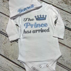 Newborn Baby Boy Coming Home Outfit: &quot;The Prince Has Arrived&quot; Bodysuit & Monogrammed Beanie