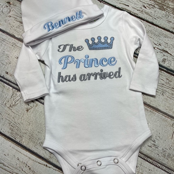 Newborn Baby Boy Coming Home Outfit: "The Prince Has Arrived" Bodysuit & Monogrammed Beanie