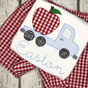 Boy Appliqued Apple Semi Truck Shirt and Shorts Set Toddler Boy Short Set gingham Shorts Semi Truck with Apple Shirt
