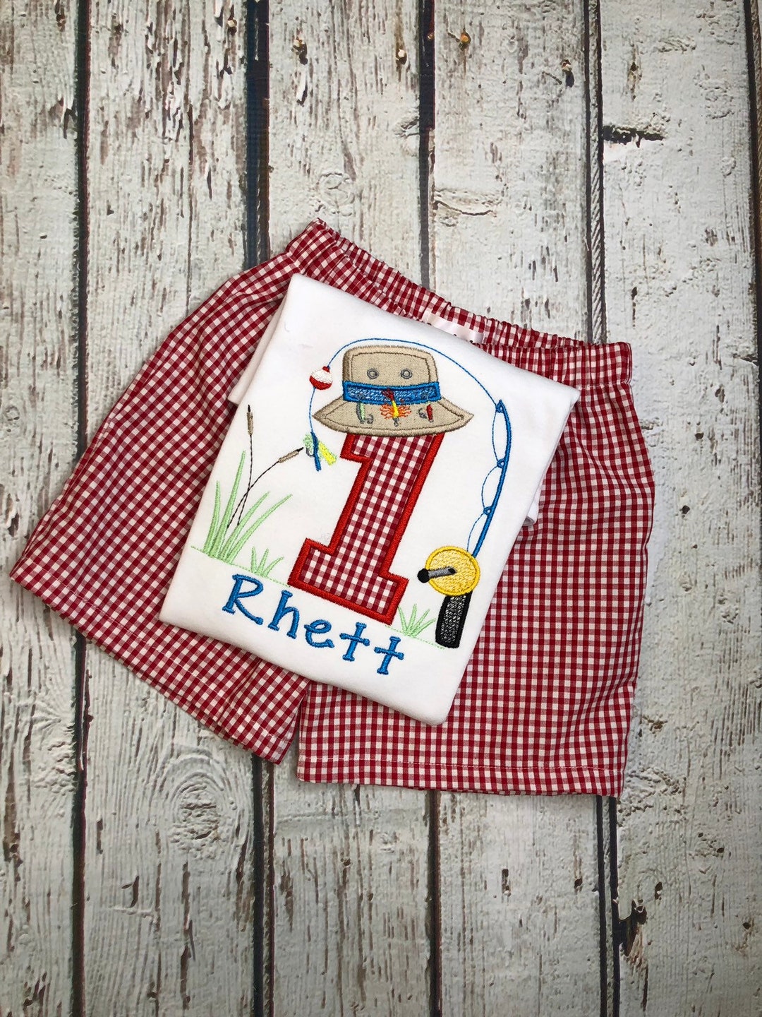 Baby Boy Fishing Hat Birthday Shirt Matching Red Gingham Shorts Toddler