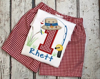 Baby Boy Fishing Birthday Outfit: Embroidered Shirt & Gingham Shorts