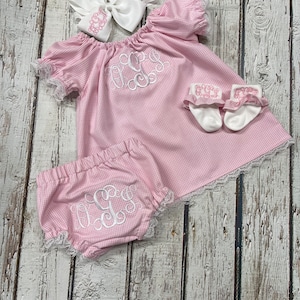 Baby Girls Monogrammed  Peasant Dress with monogrammed Bloomers, Socks and Matching Fabric Headband/Hairbow  4 piece baby girl gift set