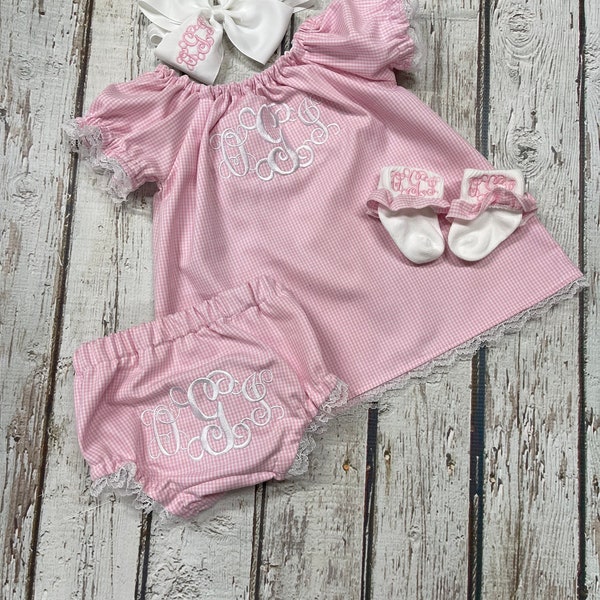 Baby Girls Monogrammed  Peasant Dress with monogrammed Bloomers, Socks and Matching Fabric Headband/Hairbow  4 piece baby girl gift set
