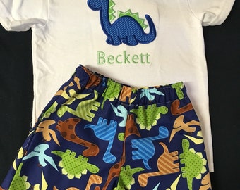 Baby Boy Appliqued Dinosaur Shirt and Shorts Set Toddler Boy Short Set Dinosaur  Shorts  Summer Dinosaur Applique Short Set