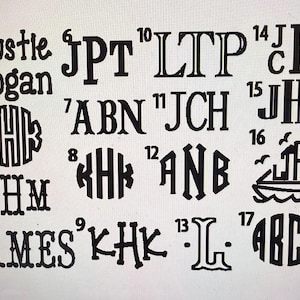 Op de afbeelding: Een verzameling zwarte monogramontwerpen en namen in verschillende lettertypen. De afbeelding bevat namen als "Austle" en "James", samen met monograminitialen zoals "KHK" en "ANB". De ontwerpen zijn geschikt voor gepersonaliseerde items.