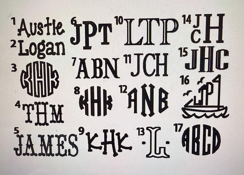 Op de afbeelding: Een verzameling zwarte monogramontwerpen en namen in verschillende lettertypen. De afbeelding bevat namen als "Austle" en "James", samen met monograminitialen zoals "KHK" en "ANB". De ontwerpen zijn geschikt voor gepersonaliseerde items.