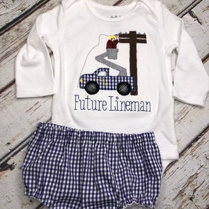 Future Lineman Baby Outfit: Bucket Truck Applique Shirt & Gingham Shorts Set image 1