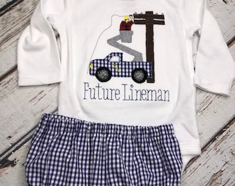 Future Lineman Baby Outfit: Bucket Truck Applique Shirt & Gingham Shorts Set