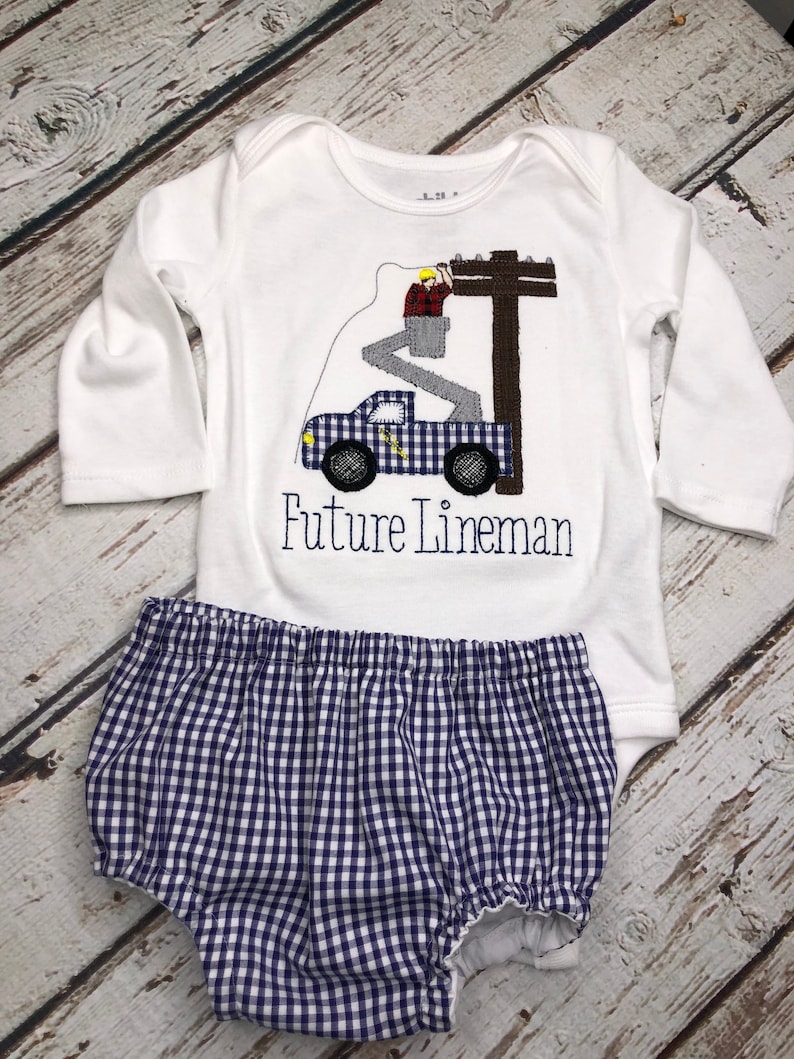 Future Lineman Baby Outfit: Bucket Truck Applique Shirt & Gingham Shorts Set image 1