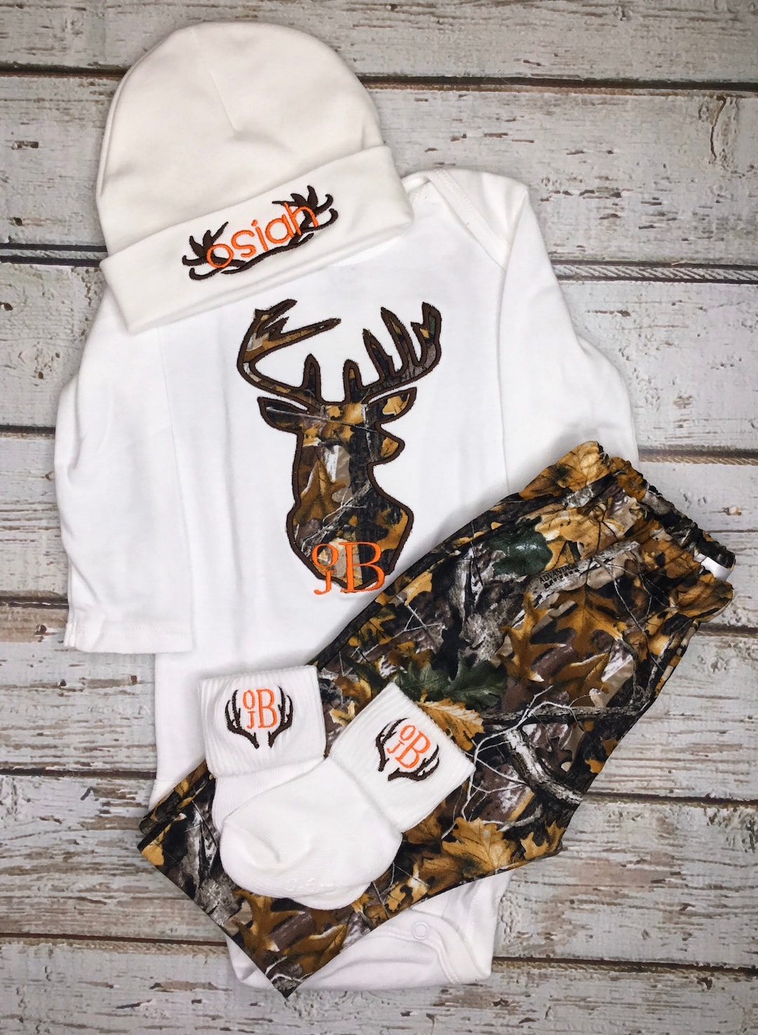 Baby Boy Monogrammed Antler Beanie Hat Camo Deerhead Bodysuit Baby Boy