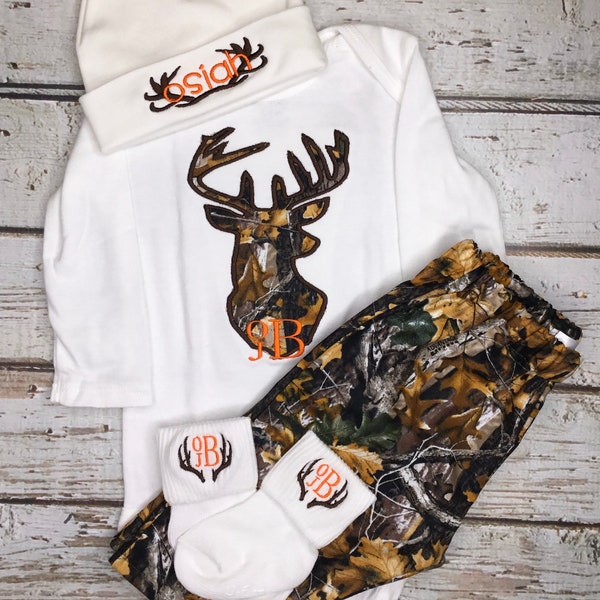 Baby Boy Monogrammed Antler Beanie Hat Camo Deerhead Bodysuit Baby Boy Personalized Deer Beanie Hat Baby Hunting Outfit Deer Camo Outfit