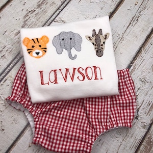 Baby Boy Zoo Animal Embroidery Bodysuit Baby Boy Tiger Elephant Giraffe Outfit Matching Red Gingham Diaper Cover Gingham Shorts Gingham Pant