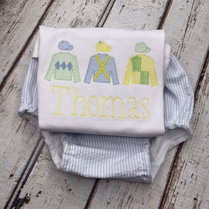Embroidered Horse Racing Jockey Bodysuit: Seersucker Baby Outfit