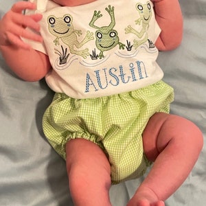 May include: A white onesie with green frogs embroidered on it. The onesie has the name "Austin" embroidered on the front. The baby is wearing a green and white gingham diaper cover.
