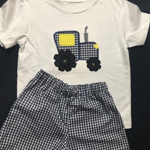 Baby Boy Appliqued Tractor Shirt and Shorts Set Toddler Boy Short Set gingham Shorts Tractor Applique image 4