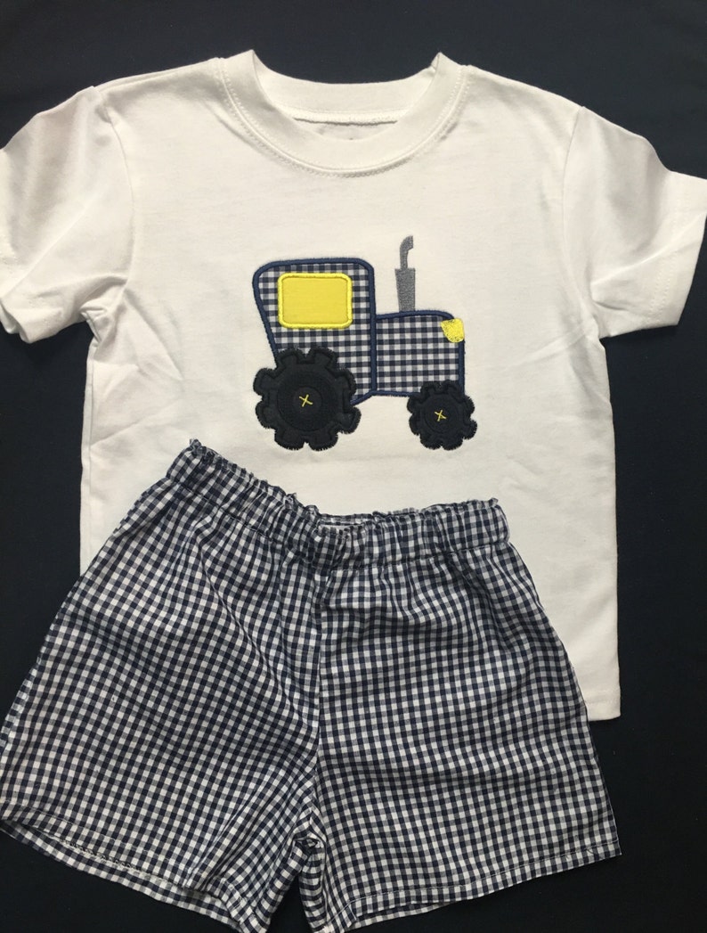 Baby Boy Appliqued Tractor Shirt and Shorts Set Toddler Boy Short Set gingham Shorts Tractor Applique image 4