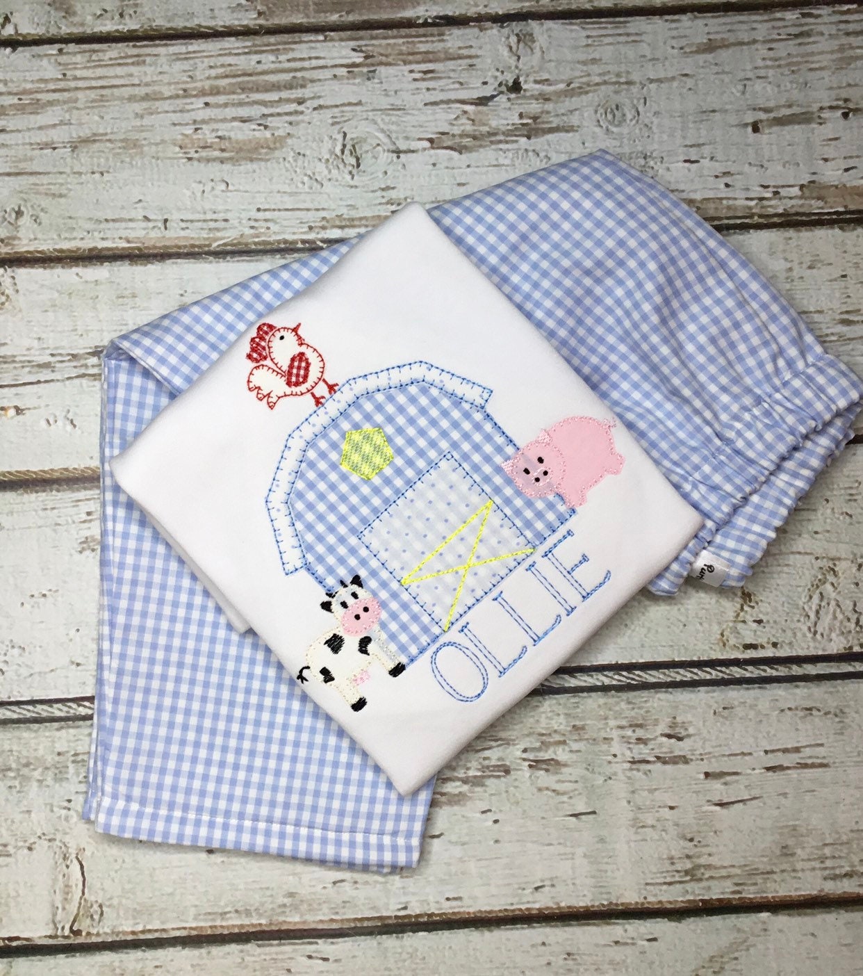 Baby Boy Farm Animal Appliqué Outfit: Cow, Pig & Rooster with Gingham Pants