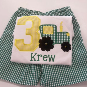 Baby Boy Appliqued Tractor Shirt and Shorts Set Toddler Boy Short Set gingham Shorts Tractor Applique image 2