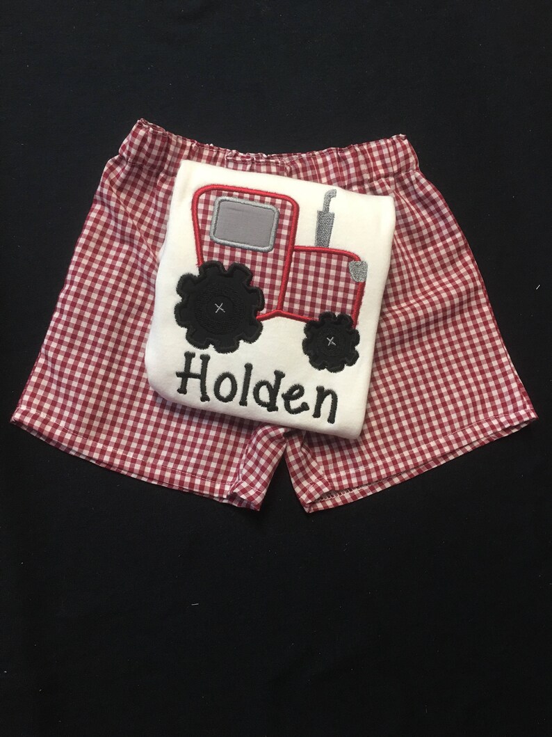 Baby Boy Appliqued Tractor Shirt and Shorts Set Toddler Boy Short Set gingham Shorts Tractor Applique image 3