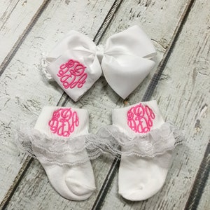 Baby Girl Monogrammed Ruffle Socks Matching Hairbow Toddler Monogrammed Ruffled Socks Easter Baby Dedication Coming Home Outfit Birthday image 2