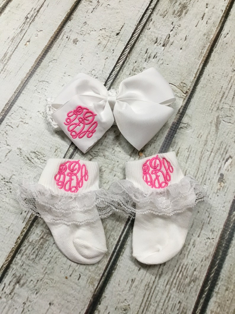 Baby Girl Monogrammed Ruffle Socks Matching Hairbow Toddler Monogrammed Ruffled Socks Easter Baby Dedication Coming Home Outfit Birthday image 2