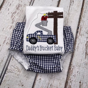 Future Lineman Baby Outfit: Bucket Truck Applique Shirt & Gingham Shorts Set image 2
