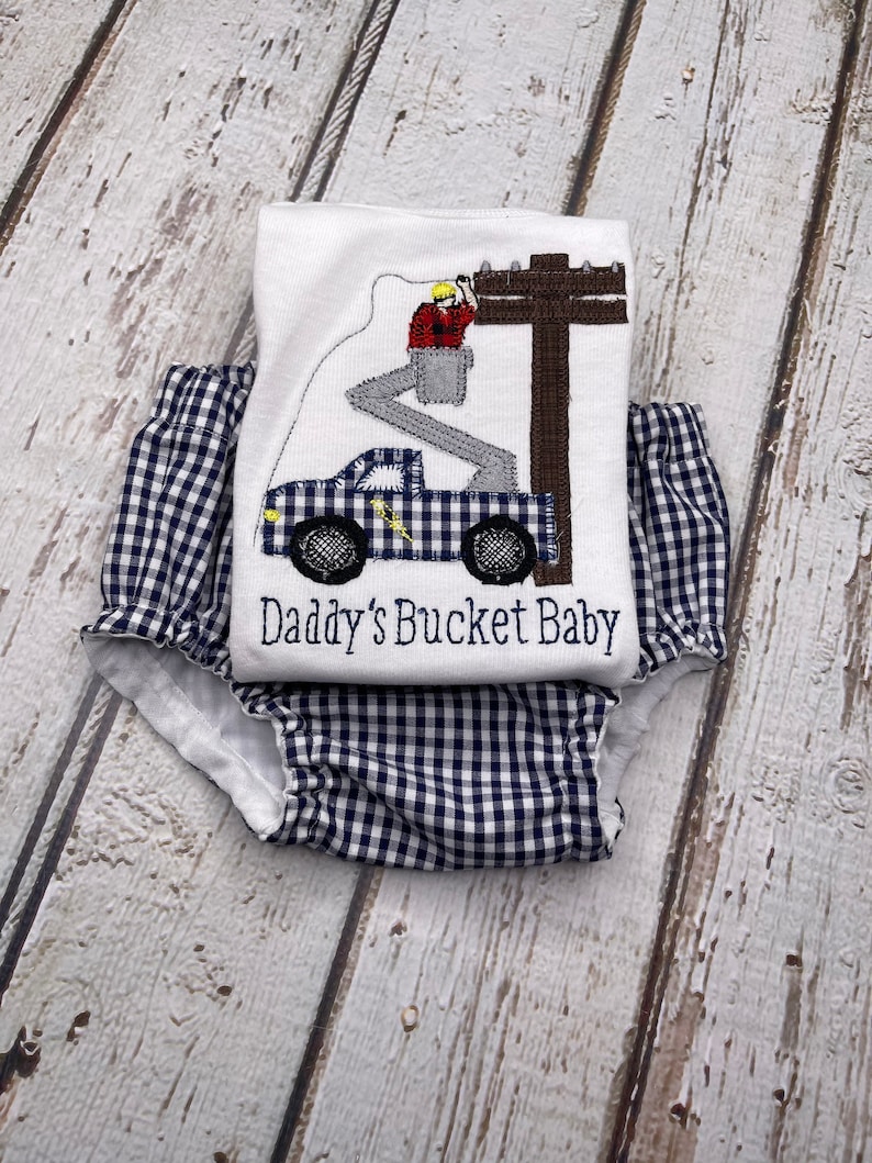 Future Lineman Baby Outfit: Bucket Truck Applique Shirt & Gingham Shorts Set image 2
