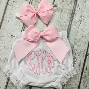 Baby girl Clothes  Monogramed Diaper Cover with Big Bow attached and Monogram. Matching Headband Baby 0 to 24 months Toddler 3T