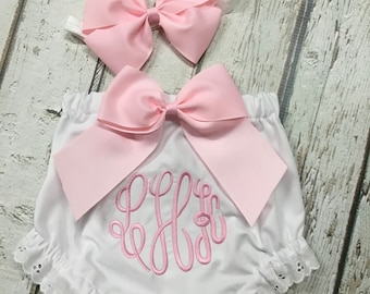 Monogrammed Baby Diaper Cover Set: Big Bow & Headband, Lace Trim