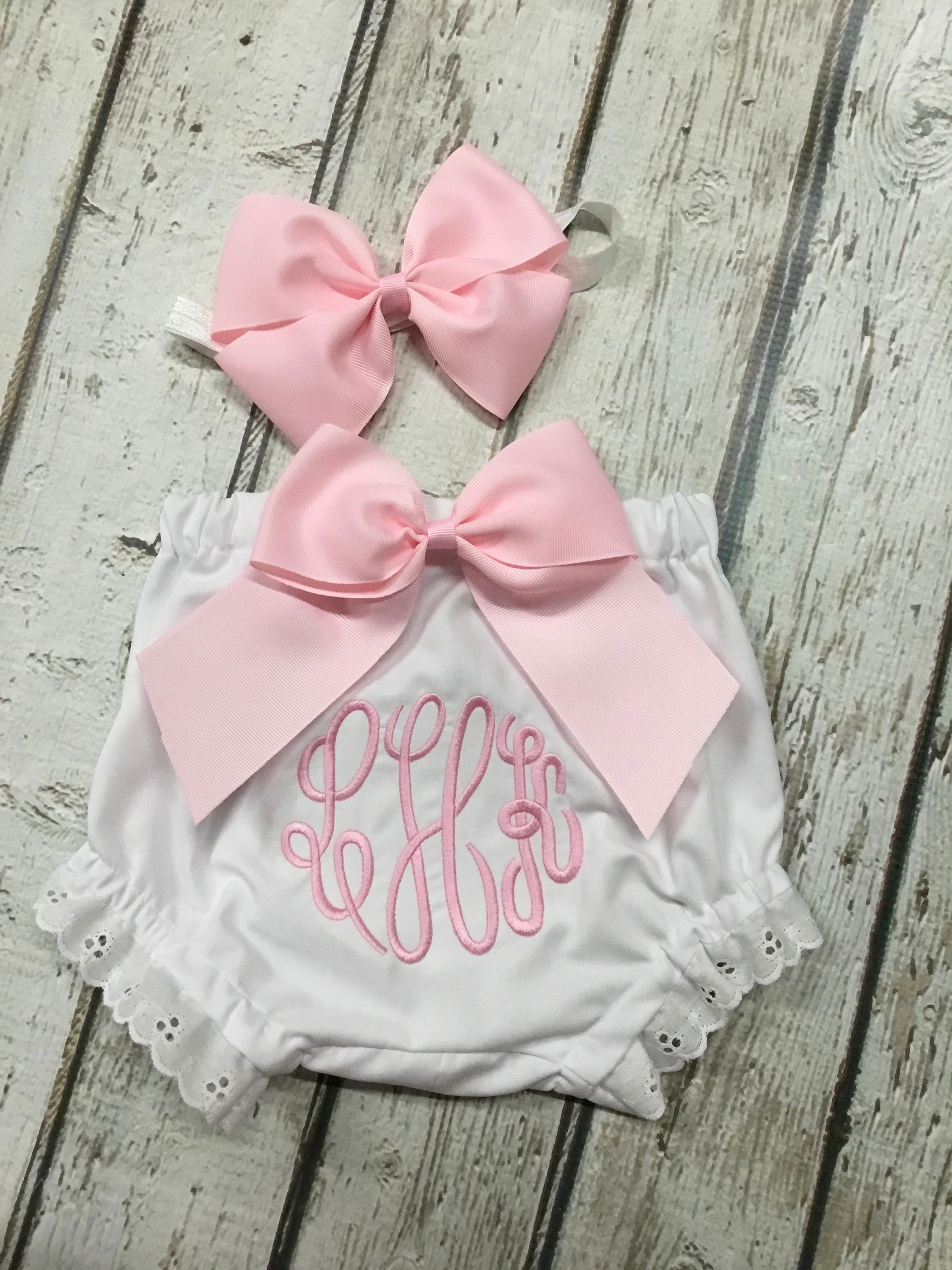 Monogrammed Baby Diaper Cover Set: Big Bow & Headband, Lace Trim