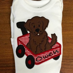 Baby Boy Puppy Shirt Matching Gingham Shorts Boys Appliquéd Dog in a Wagon Bodysuit matching Gingham Diapercover Baby Boy Puppy Shortset image 5