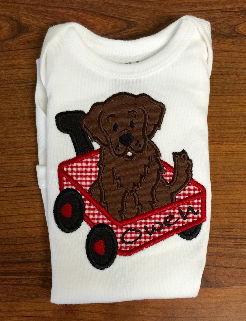 Baby Boy Puppy Shirt Matching Gingham Shorts Boys Appliquéd Dog in a Wagon Bodysuit matching Gingham Diapercover Baby Boy Puppy Shortset image 5